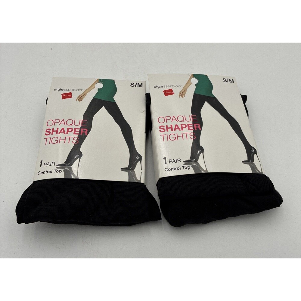 2 PackHanes Style Essentials Opaque Shaper Tights Size S/M Black Control Top New